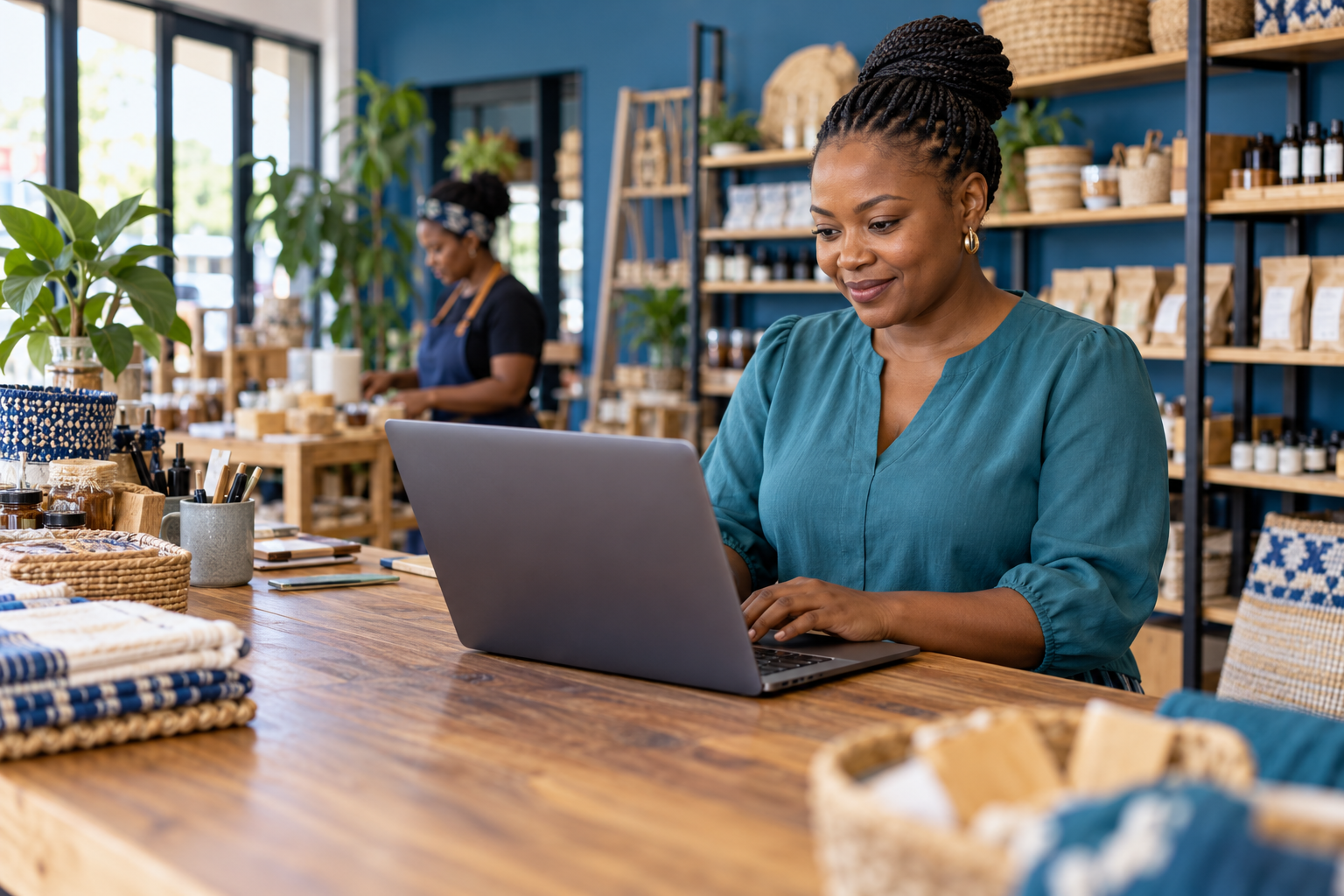 Illustrative scene of an African business owner working on a laptop in a retail shop